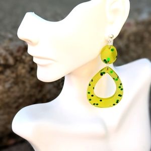 Handmade Resin Yellow Green Glitter Earrings